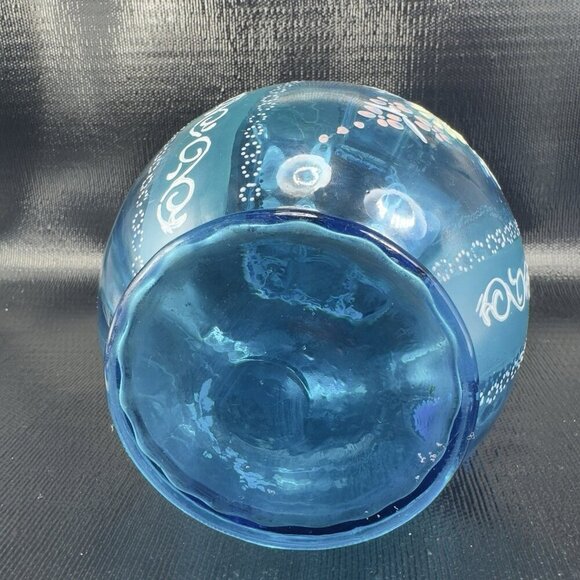 Antique Victorian Glass Pitcher Blue Enameled Crimped Rim Manganese 365nm Glow - Picture 10 of 16